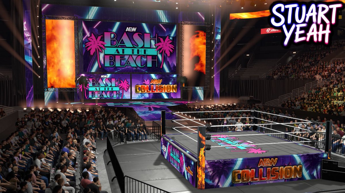 StuartYeah's tweet photo. The first and only AEW BASH AT THE BEACH was a two-part event on January 15th and January 22th 2020 - before AEW Collision was even a thing
But here's an AEW Collision version anyway! #WWE2K26
Uploaded to WWE 2K26 Community Creations w/ hashtags #StuartYeah #AEWBASH #AEWBATBSY https://t.co/dX6sVpzp9w