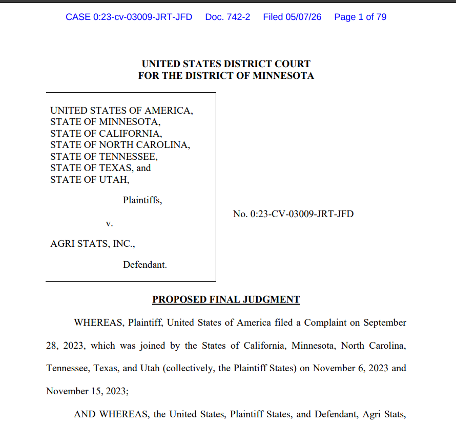 BenRemaly's tweet photo. DOJ settles its case accusing Agri Stats of sharing competitively sensitive pricing information with rival meatpackers. https://t.co/TAVmMJEf4e
