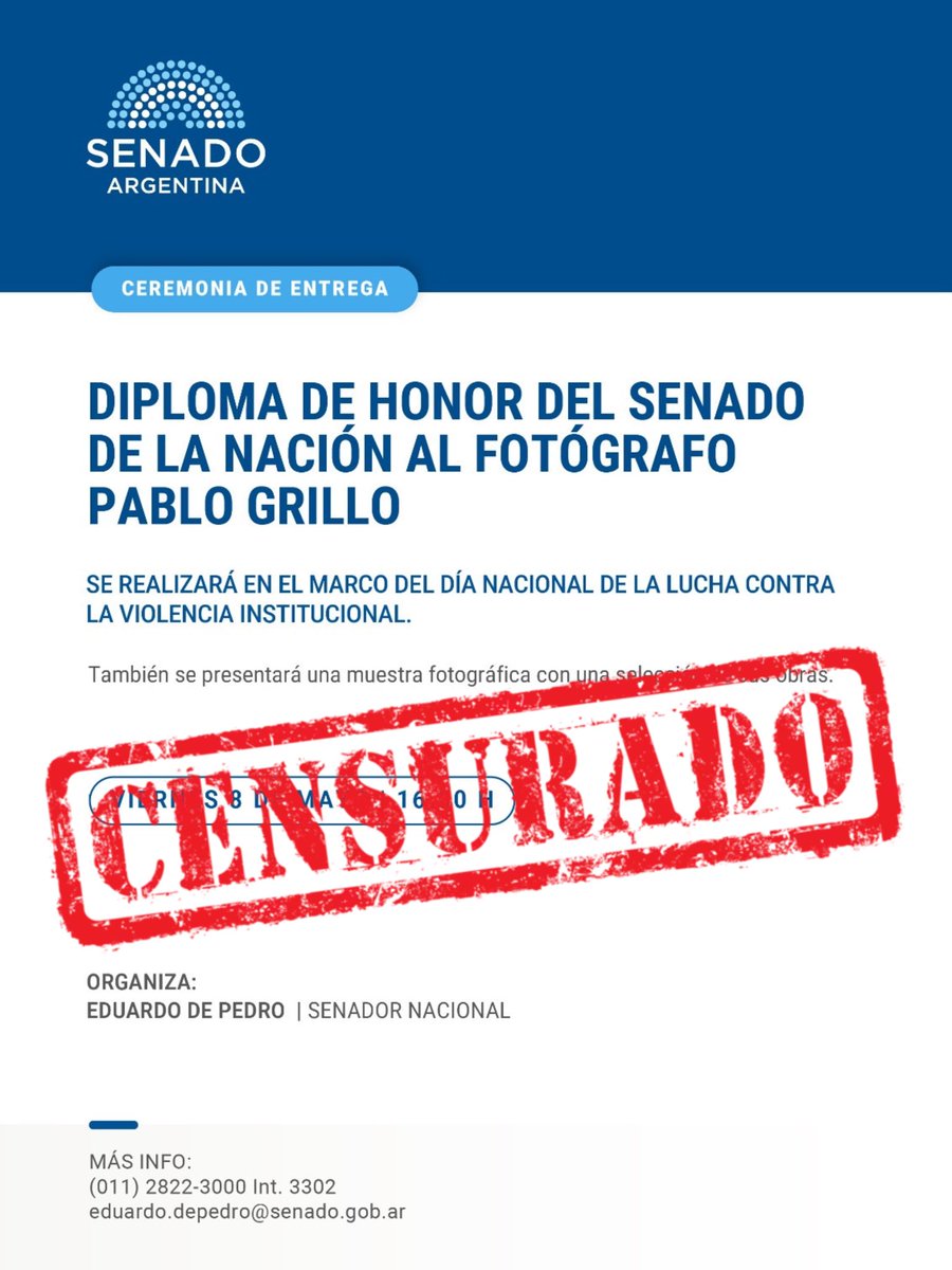 Felices por su recuperación, habíamos organizado en el Senado la entrega de un Diploma de Honor a Pablo Grillo y una muestra con su obra fotográfica, en el marco del Día Nacional contra la Violencia Institucional. La actividad había sido autorizada, coordinada y anunciada