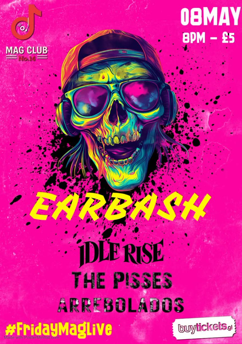 MAGibraltar's tweet photo. Tomorrow we have our annual Earbash concert at the Mag Club with Idle Rise, The Pisses and Arrebolados.  Live music starts at 9pm. https://t.co/GNIpYoKHZW