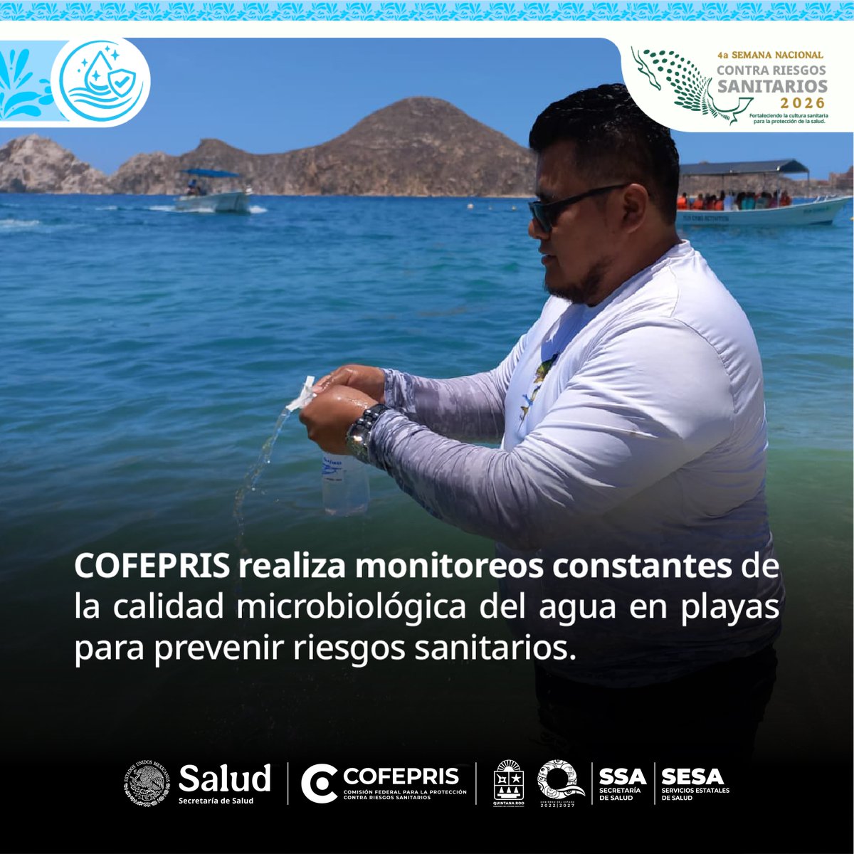 dprisqroo's tweet photo. COFEPRIS monitorea constantemente la #calidad microbiológica del agua en playas, con el objetivo prevenir riesgos a la salud y garantizar que las playas cumplan con los niveles de seguridad necesarios para actividades recreativas. 

#SemanaContraRiesgos #COFEPRIS #ProtegeTuSalud https://t.co/faibfgNv2u