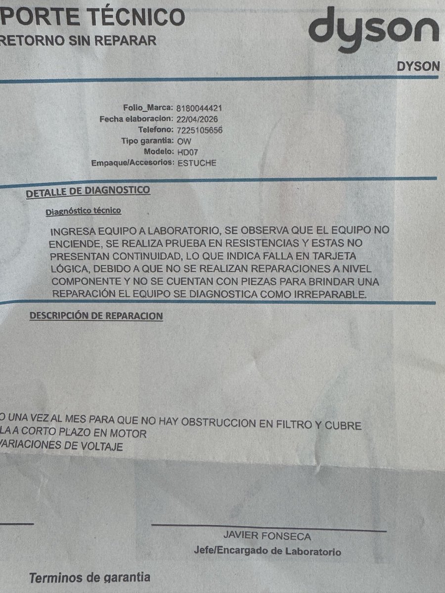No puedo creer que con 2 años y medio de uso, sin mayor desgaste, una secadora <a href="/Dyson/">Dyson</a> de más de 10 mil pesos, deje de funcionar y su reporte técnico sea “irreparable” porque no cuentan con las piezas.

Qué coraje.
