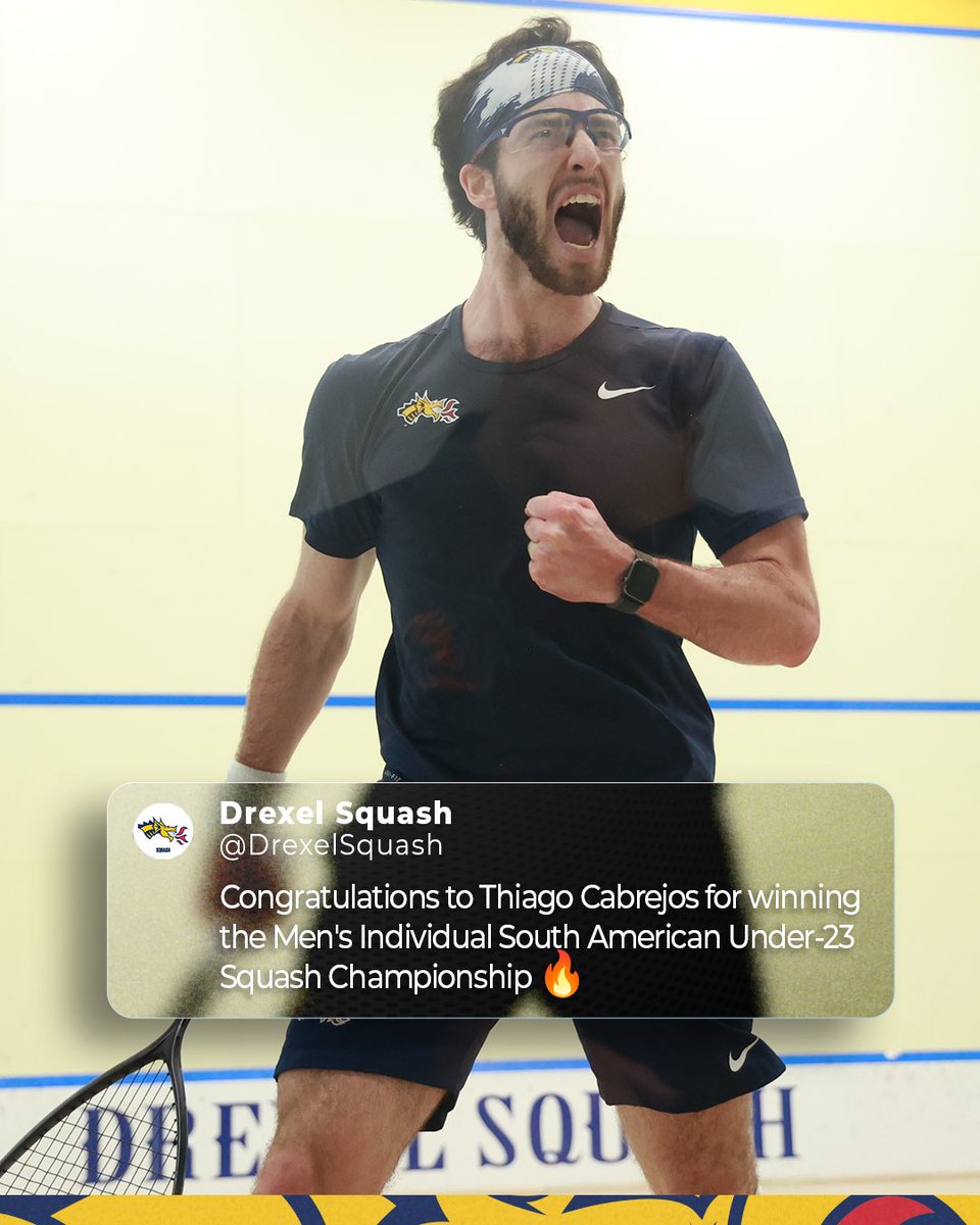DrexelSquash's tweet photo. Congratulations to Thiago Cabrejos for winning the Men’s Individual South American Under-23 Squash Championship!

Video and third image via @perusquash https://t.co/6UAnqMK3bk