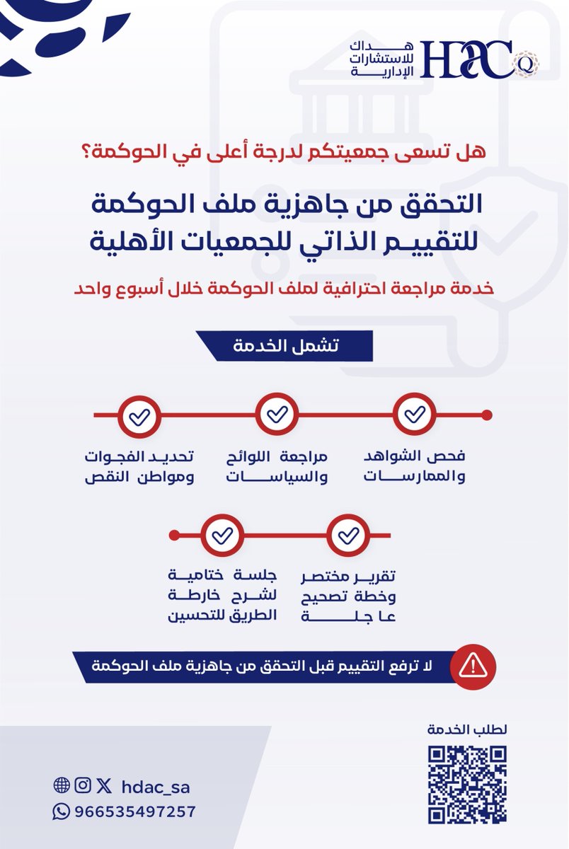 hdac_sa's tweet photo. هل تسعى جمعيتكم لدرجة أعلى في الحوكمة؟

خدمة التحقق من جاهزية ملف الحوكمة للتقييم الذاتي للجمعيات الأهلية
لفحص الممارسات ومراجعة اللوائح مع تقرير مختصر وخطة تصحيح عاجلة

⏱️ مدة التنفيذ: 5–7 أيام عمل

ارسل اسم الجمعية وبيانات التواصل، لنزودكم بالقائمة المطلوبة لمراجعة الجاهزية
