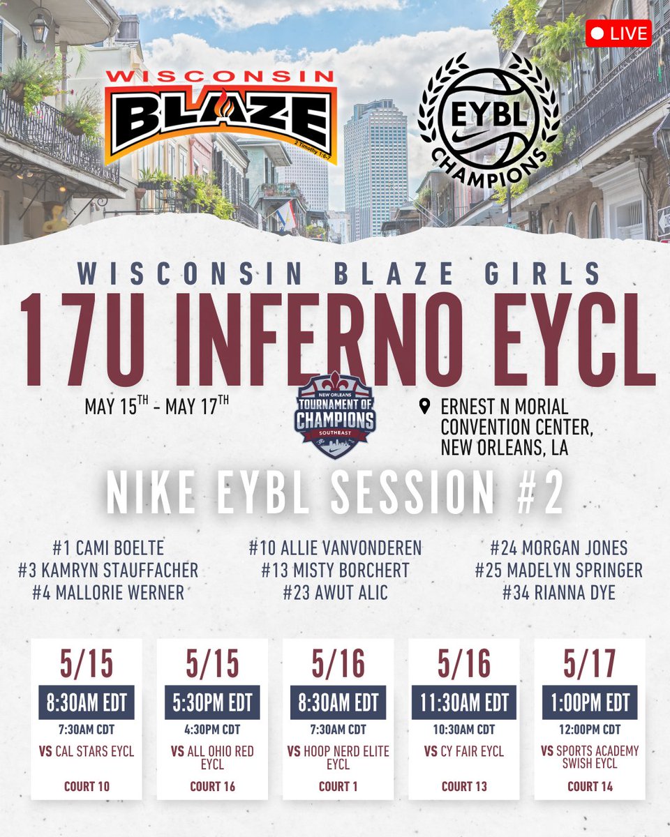 WisconsinBlaze's tweet photo. 🔥 BIG LIVE WEEKEND coming up for ECYL Inferno Girls Basketball 🔥

Our 15U, 16U, and 17U squads are headed to @NikeGirlsEYBL  Tournament in New Orleans this May 15–17!

Three teams. One goal. Bring the heat on a national stage. 💪🏀

#BlazeBasketball #EYCL #EYBL @WIBlazeInferno @NikeGirlsEYBL