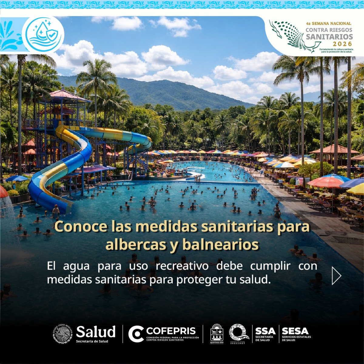 dprisqroo's tweet photo. ¡Disfruta el agua con responsabilidad! 🏊‍♂️🌊 Como usuario en albercas y balnearios, antes de entrar  verifica que el agua esté limpia, báñate antes de ingresar y evita contaminar el entorno.
Tu salud y la de los demás depende de pequeñas acciones. 🛡️
#SemanaContraRiesgos #COFEPRIS https://t.co/Mejfj36kOI