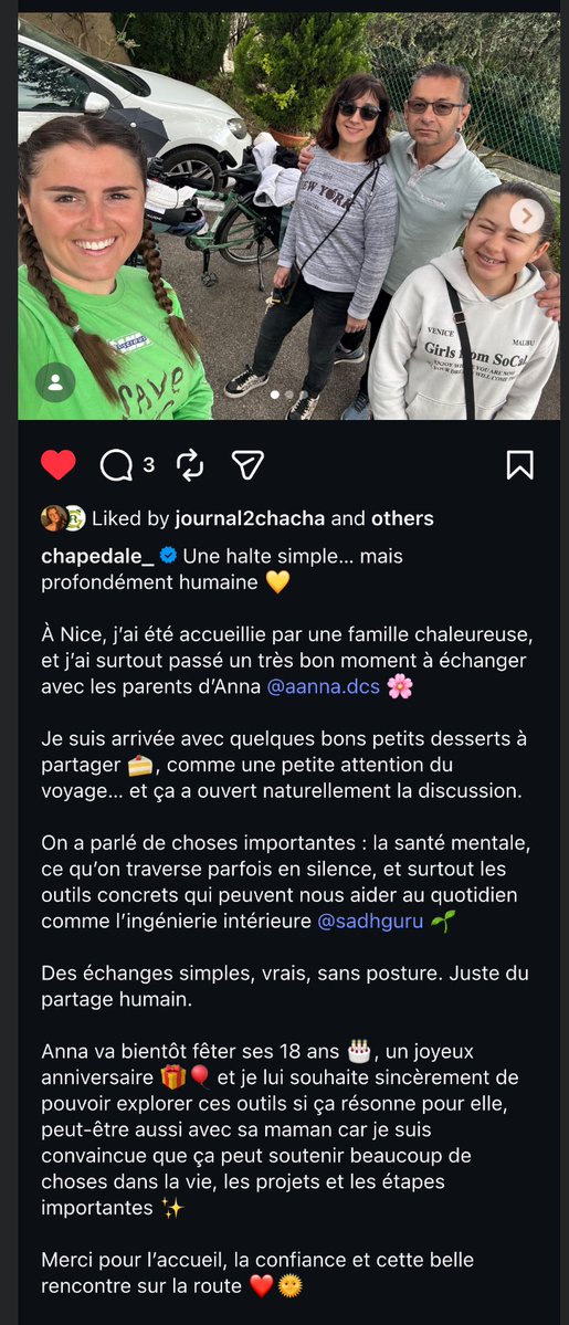 Charlotte reaches Cannes &amp;camps alone.Next,on Day14/8th April ( after a brief halt at Carlton) she is welcomed at Nice by the kind parents of Anna ( instagram.com/aanna.dcs/).They discuss about #Soil , &amp; tools of inner well-being <a href="/SadhguruJV/">Sadhguru</a>

instagram.com/p/DXJqf-CDFfs/…
