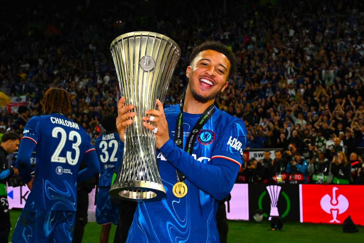 PolymarketSport's tweet photo. 🚨REPORT: Jadon Sancho is heading to his 3rd European final in the last 3 years 

2024 Champions League (L)
2025 Conference League final (W)
2026 Europa League final https://t.co/z5LJVvOSio