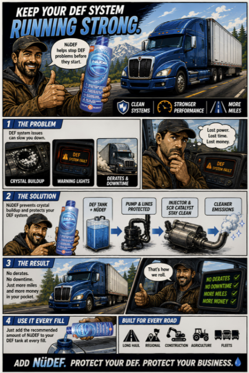 NuDefCo's tweet photo. Your truck makes money on the road — not in the shop. NüDEF helps stop DEF crystal buildup before it turns into codes, derates, and downtime.#DieselPower #NoDowntime #TruckerLife #KeepAmericaMoving #HeavyDuty #PerformanceMatters #DEF #Diesel #Truckers #SemiTruck #Industrial #Downtime #SaveYourMoney