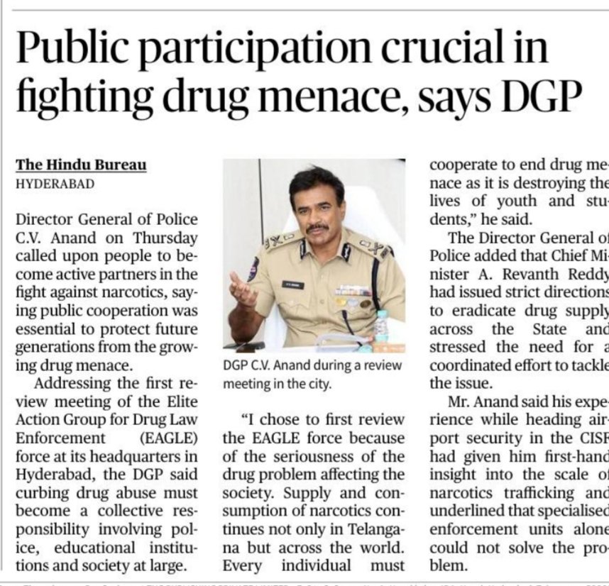 revanthannanews's tweet photo. 🚨Revanth govt steps up anti-drug crackdown
🔹DGP says CM ordered strict action against drug networks
🔹Police to track money trails, dark web and foreign syndicates
🔹Awareness drives planned in schools and colleges
 #DrugFreeTelangana #EAGLEForce @DeccanChronicle @the_hindu https://t.co/rGZnCv16d2