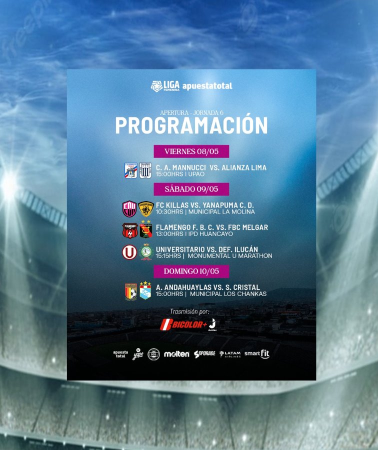 #ÚLTIMOMINUTO Aquí dejamos para repasar la programación oficial de la sexta jornada del Torneo Apertura de la Liga Femenina 2026 🏆🇵🇪 qué comienza mañana en Trujillo  con el Mannucci 🔵 recibiendo a Alianza Lima 🔵⚪ 

#futbolfemenino
#ligafemenina
#directoalgol