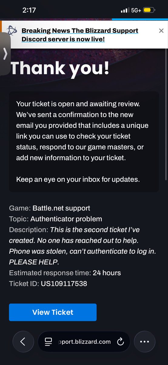 iwisylem's tweet photo. @BlizzardCS First, third, and second tickets that were submitted (in that order) all for the same issue. ^JP, are you still there or has someone else taken over? Am I being left high and dry again? https://t.co/Q4RPes2081