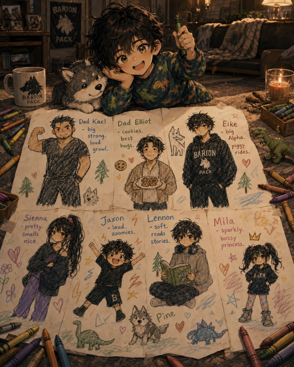 neengoon's tweet photo. Theo with his family in crayon drawing https://t.co/Z2GMxq8THE