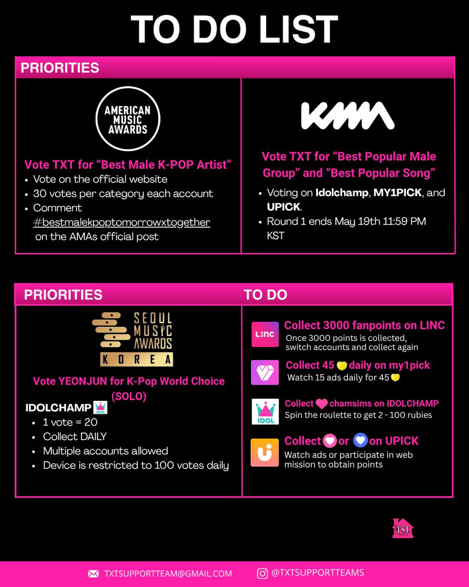 📢 | VOTING TO-DO LIST

Hi MOA! 💙 Here’s your voting checklist, don’t forget to vote and collect daily!

We’ll be posting KMA updates every 12 AM &amp; 12 PM (KST), so make sure to check our account and keep up with the latest rankings.

Check the thread for more information!