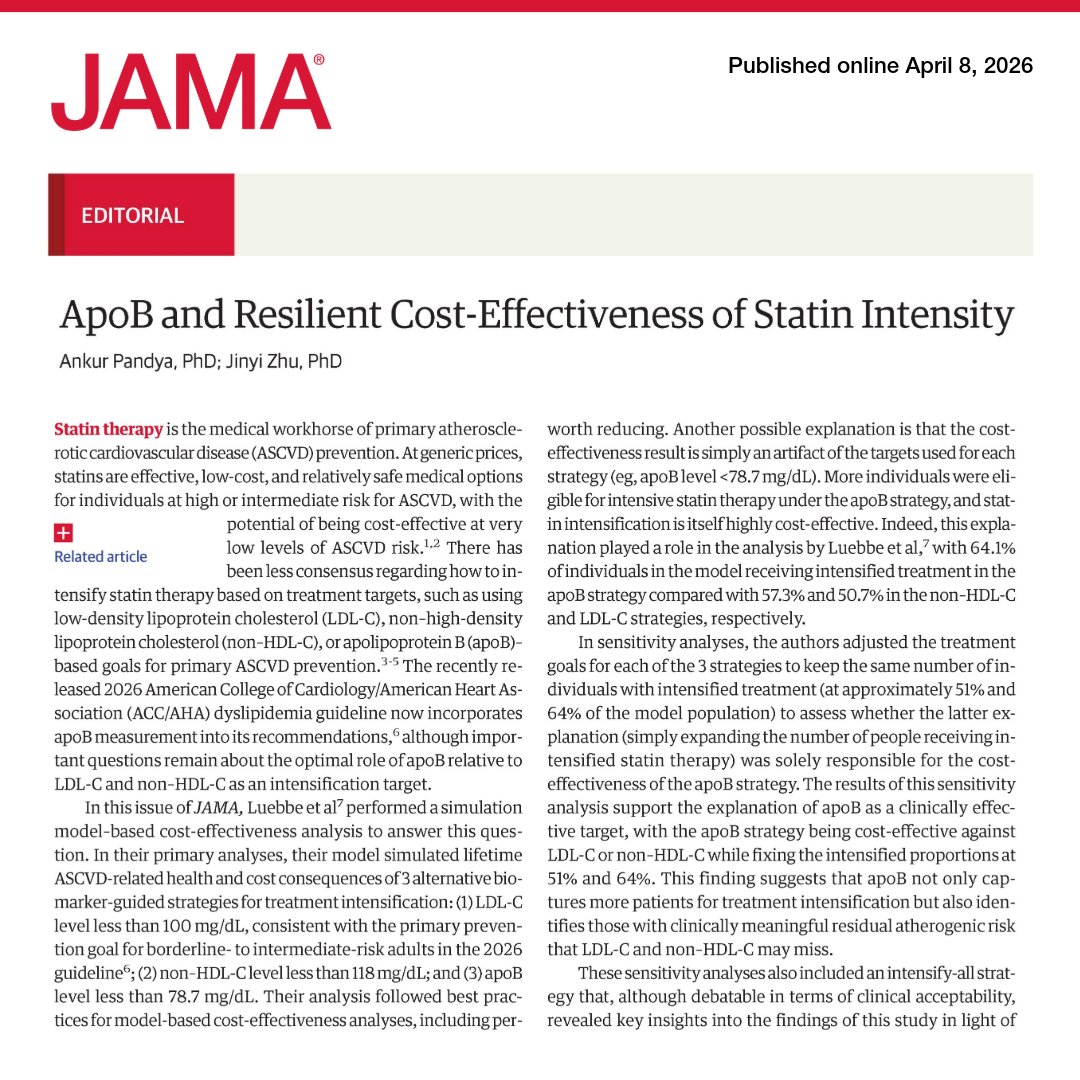 JAMA_current's tweet photo. 💬 Editorial: Simulation modeling demonstrates #ApoB-guided statin intensification is cost-effective, identifies more clinically meaningful risk, and aligns with 2026 ACC/AHA guidelines.
https://t.co/smIfPQ8YmR https://t.co/iCzSbVz6zt