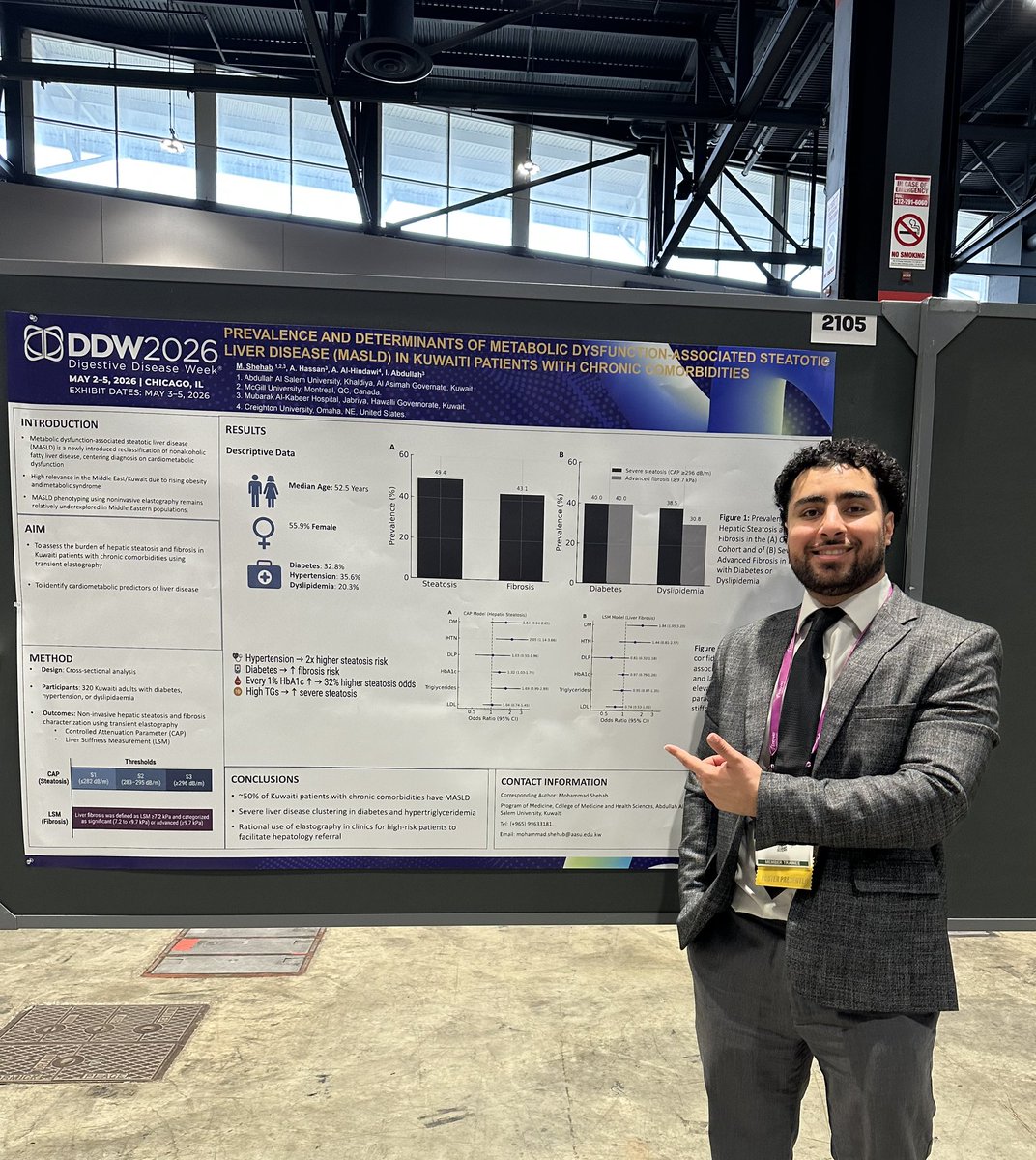 AlHindawiMD's tweet photo. First #DDW in the books! 

Honored to have presented our 3 projects of varying scales: 

1️⃣ An International Multicenter IBD Study
2️⃣ A Single-Center MASLD Experience
3️⃣ A Unique Endoscopic Finding 

Came in excited and leaving ever so inspired!

#DDW2026 #MedEd #Residency #GI https://t.co/Tek97cdPnP