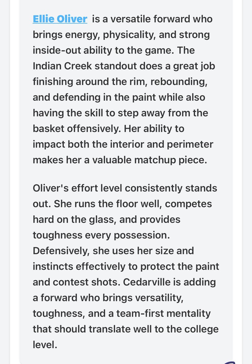 EllieOliver_10's tweet photo. Thank you @PrepGirlsHoops for the write up! 

@CedarvilleWBB https://t.co/90djlcKr4o