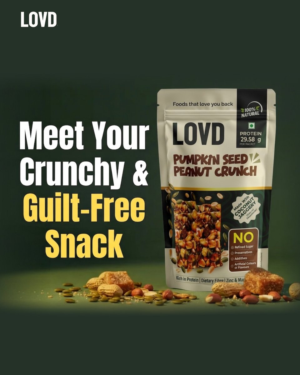 lovdfoods's tweet photo. Crunch into goodness with LOVD Pumpkin Seed Peanut Crunch — the perfect guilt-free snack packed with protein, natural ingredients, and wholesome flavour. Made with coconut jaggery and loaded with crunch, it’s snacking done right! https://t.co/iG0eu4AYSP