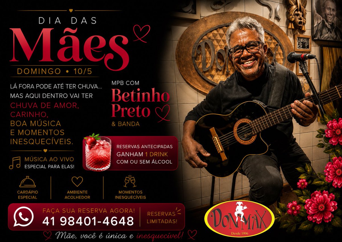 DonMax_Bar's tweet photo. Dia das Mães merece uma trilha sonora especial para uma data inesquecível ❤️🎶

Neste domingo, teremos MPB ao vivo com Betinho Preto &amp; Banda…. Viva momentos especiais com sua mãe! https://t.co/TvVAQLKUJa