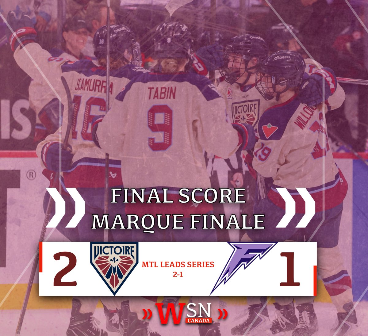 WSNCanada's tweet photo. A huge Game 3 victory for the Montreal Victoire! They lead the series 2-1 https://t.co/JR7IPNGC8B