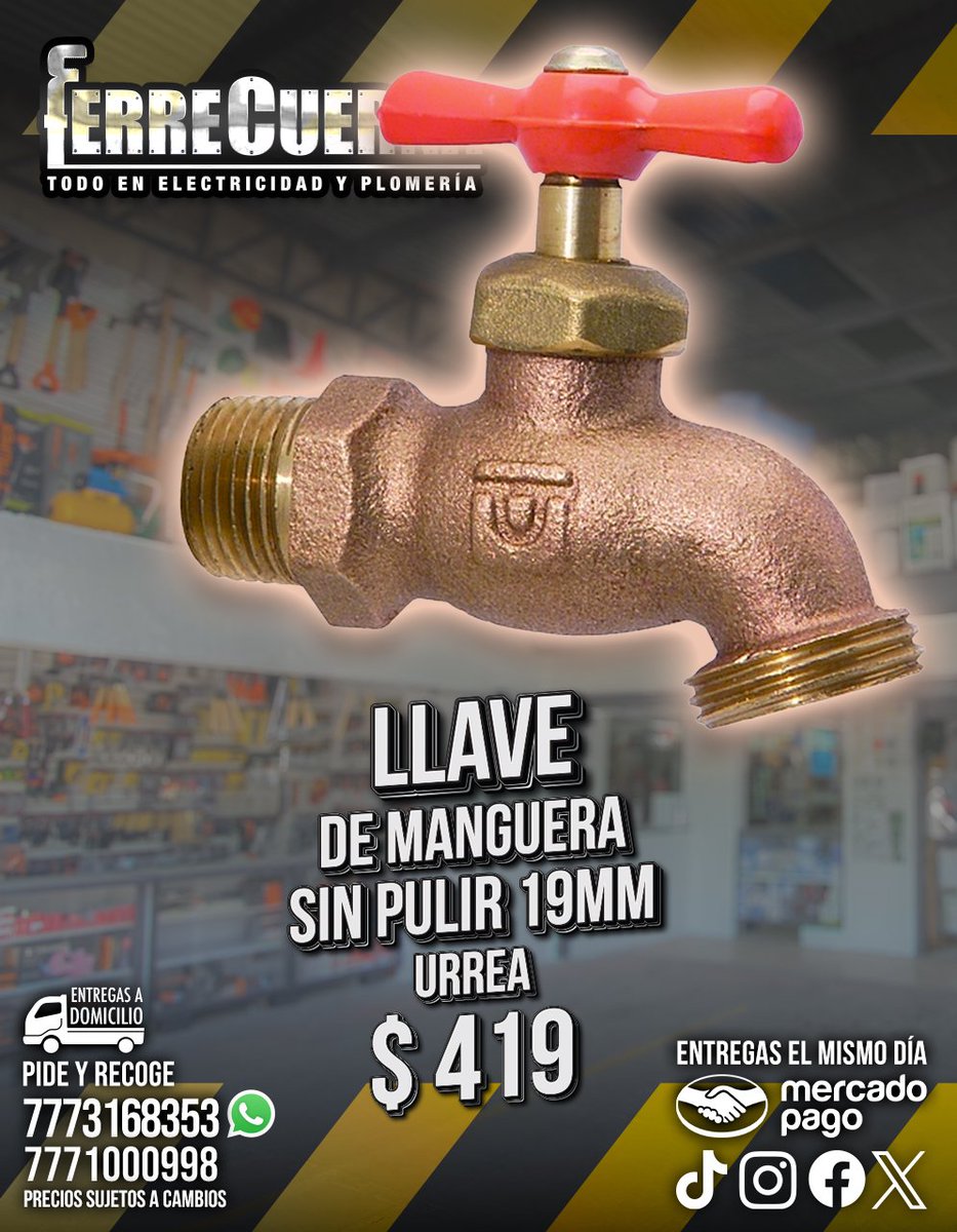 FerreCuerna's tweet photo. Llave manguera sin pulir 19mm urrea $419
𝗪𝗵𝗮𝘁𝘀𝗔𝗽𝗽: https://t.co/tdDHFBwWJM
7771000998
SuperPrecios #Cuernavaca
Todo en #Plomería🚰 #Electricidad💡#Herramienta 🛠 #Construcción
Entregas el mismo día. 
#Mayo🌞
Ven y seguro encuentras lo que buscas
Fácil, Rápido, Práctico https://t.co/CPWtPxeJ1B