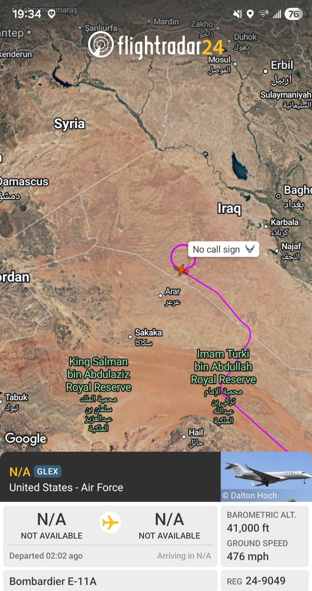 Borrowed7Time's tweet photo. USAF E-11A BACN (Battlefield Airborne Communications Node) 24-9049 #AF83F0 operating over Iraq.
@sipjack1776 @LadyAstroJet https://t.co/N7WNRAVqll