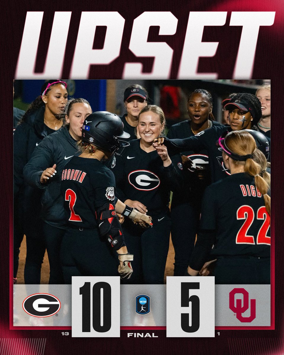 GEORGIA GETS. IT. DONE. 👀

No. 13 <a href="/UGASoftball/">Georgia Softball</a> takes down No. 1 Oklahoma, 10-5, to advance in the SEC Tournament!

#NCAASoftball
