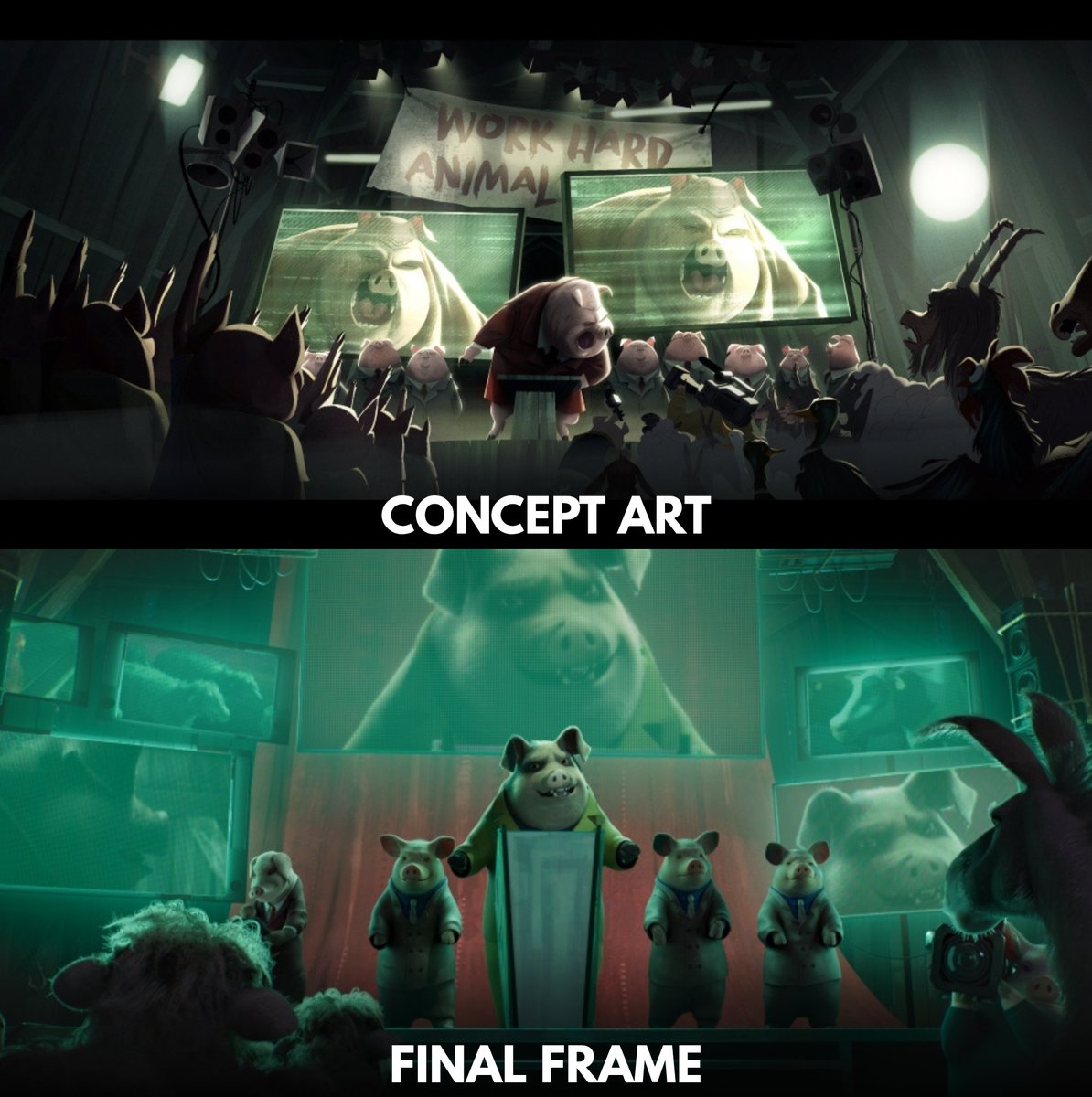 ‘ANIMAL FARM’ concept art vs final frame.