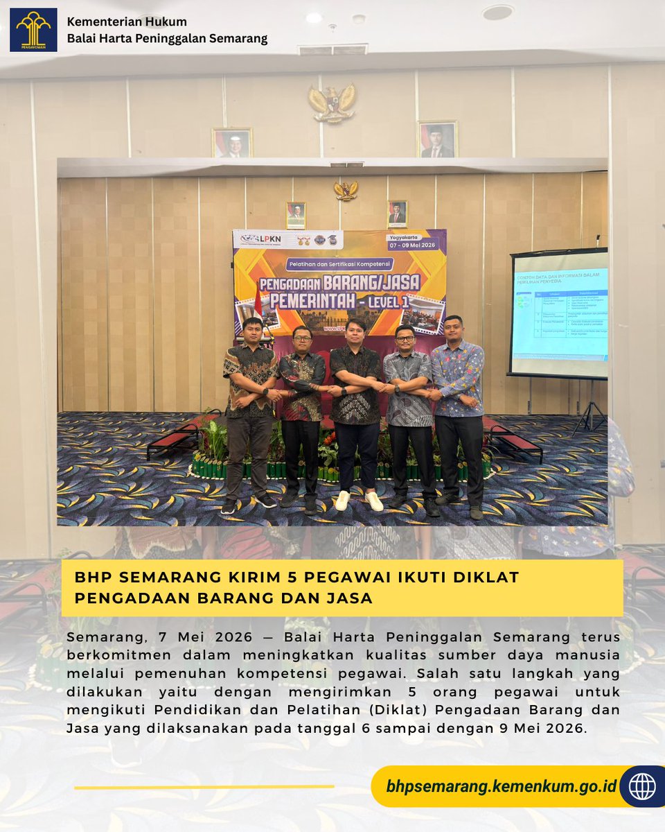 bhpsemarang's tweet photo. BHP Semarang Kirim 5 Pegawai Ikuti Diklat Pengadaan Barang dan Jasa

Balai Harta Peninggalan Semarang terus berkomitmen dalam meningkatkan kualitas sumber daya manusia melalui pemenuhan kompetensi pegawai

#KementerianHukum #LayananHukumMakinMudah #BHPSemarang https://t.co/pklkmSm1Q2