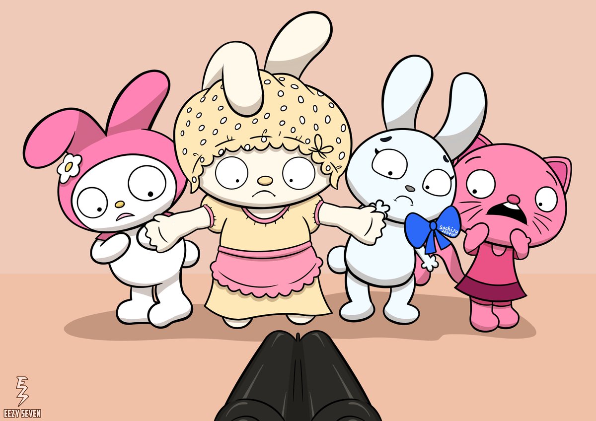 DonnieKell71671's tweet photo. This was made by @EezySeven as a commission of My Melody, her mom, Hare from the Sochi 2014, and Mei Li from Plim Plim getting scared by a shotgun. #plimplim #hare #sochi2014 #zaika #mymelody #mama #sanrio #sanriofanart #fanart #crossover #crossoverart #mymelodymama #cat https://t.co/LEoLM5rUIj