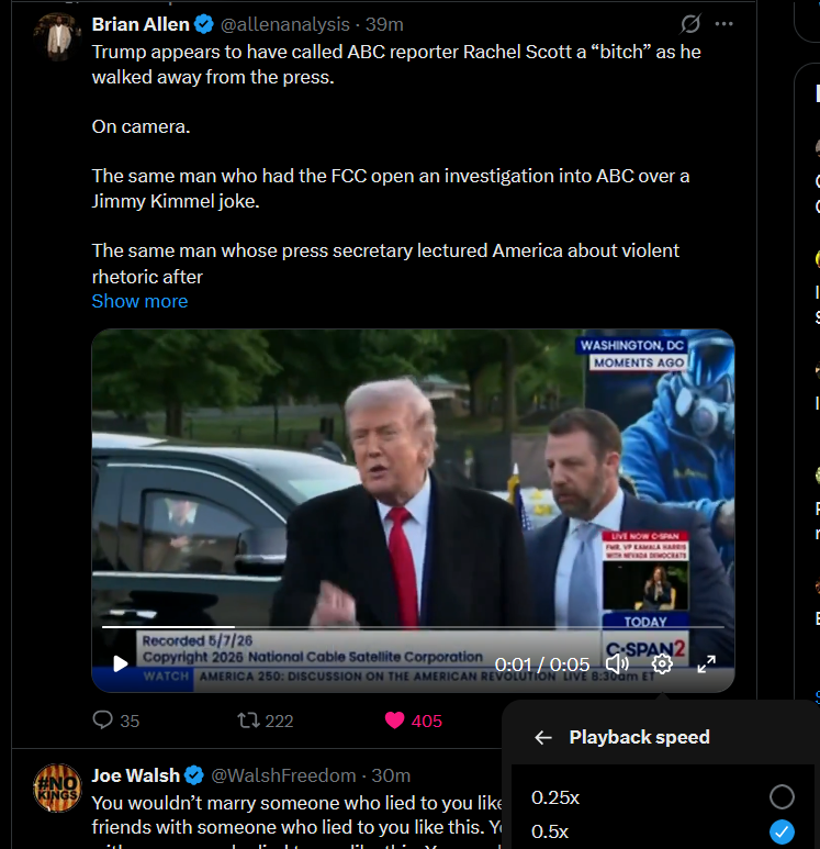 KTumbleweed1's tweet photo. @allenanalysis Change the playback speed to 0.5X   
Trump clearly said "bitch" while pointing at Rachel Scott 
He felt completely threatened by her simple, straightforward question. https://t.co/PSM9PtbGgk