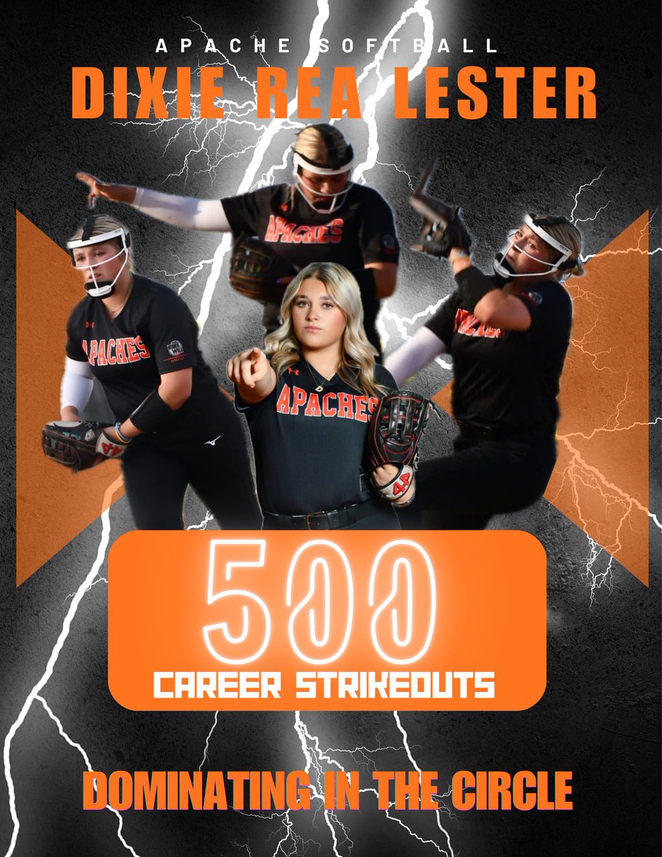 Apache_Softball's tweet photo. Dixie Rea Lester hits 511 career strike outs tonight!!! Congratulations to one of our toughest Lady Apaches! Keep dominating in the circle kid! 🧡🥎#AsOneForHim
#500AndCounting https://t.co/XOR1jHolWu