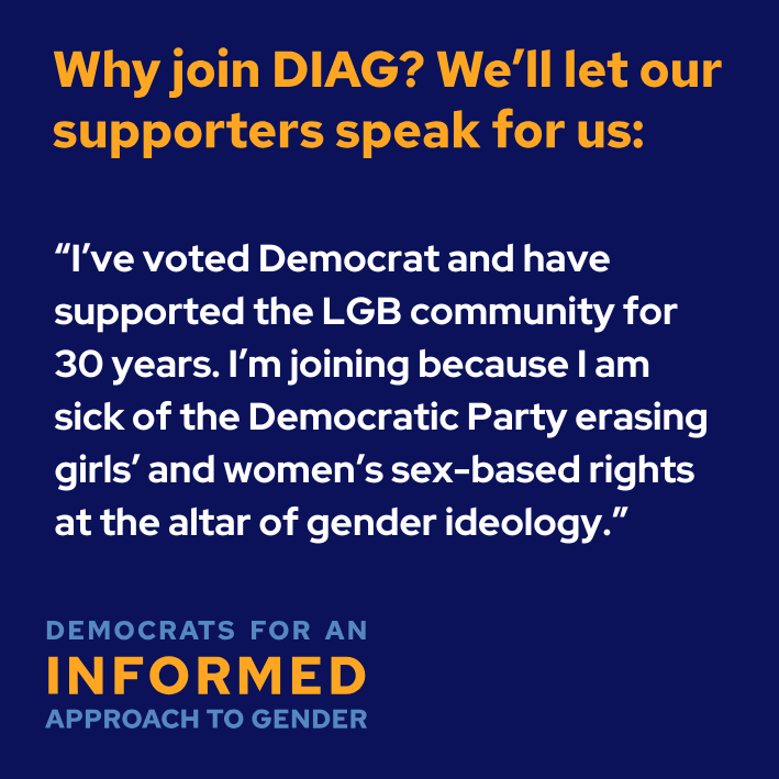 DIAGdemocrats's tweet photo. Part of the growing contingent of disenfranchised liberals dismayed at the Democratic Party's embrace and promotion of gender ideology? Join us at https://t.co/M50ydjjMZz https://t.co/bTybCNwjoQ