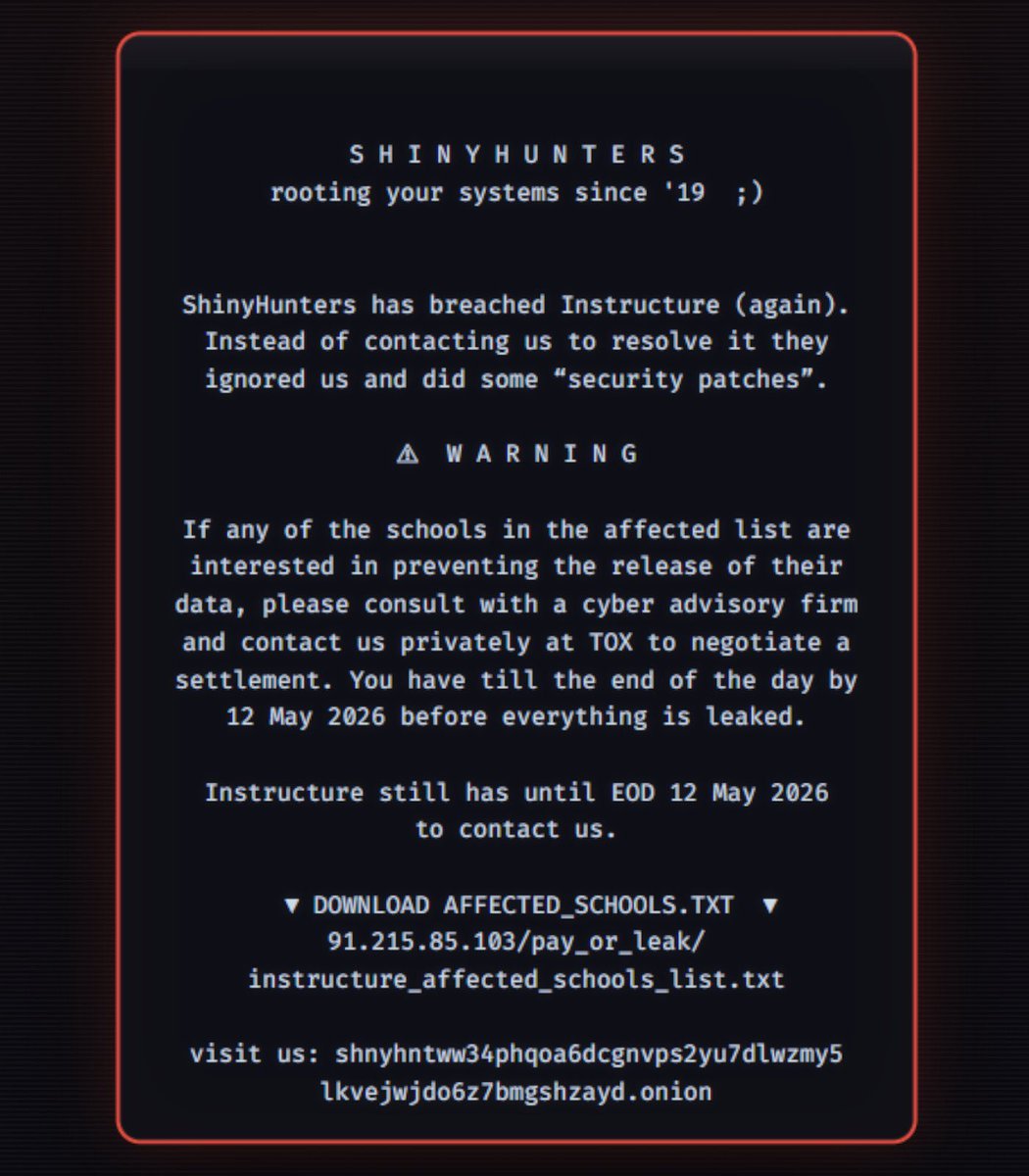 FearedBuck's tweet photo. Canvas a platform used by thousands of schools for online classes, has reportedly been hacked, with attackers threatening to leak more than 200 million files containing private student and staff data.

The outage has also left students unable to complete exams, causing panic across campuses.