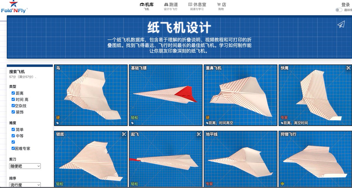 发现一个超好玩的网站 👉 foldnfly.com

纸飞机设计大全！各种造型随便选，还能按难度筛选。

每个飞机都有超详细的图文教程，学不会还有视频教程，手把手教你折出能飞超远的纸飞机 ✈️

无聊的时候折几个玩玩，或者跟小朋友一起动手，挺有意思的。

建议收藏，一张纸就能玩一下午 😂