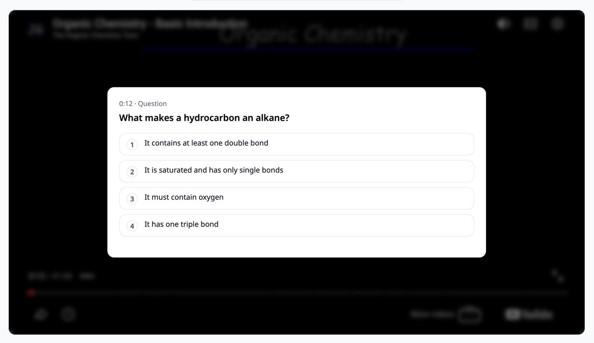 A new video learning experience is now live on Scholarly. 

Automatic learning checkpoints within videos. 

We now create multiple choice questions that appear after important information/learning moments.