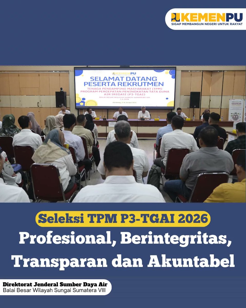 bbwss8's tweet photo. Palembang, Dalam mendukung pelaksanaan Program Percepatan Peningkatan Tata Guna Air Irigasi (P3-TGAI) secara Efektif, Efisien, transparan dan akuntabel, Balai Besar Wilayah Sungai (BBWS) Sumatera VIII menggelar Seleksi Tenaga Pendamping (TPM) P3-TGAI Tahun Anggaran 2026 https://t.co/czrlVFjlVC