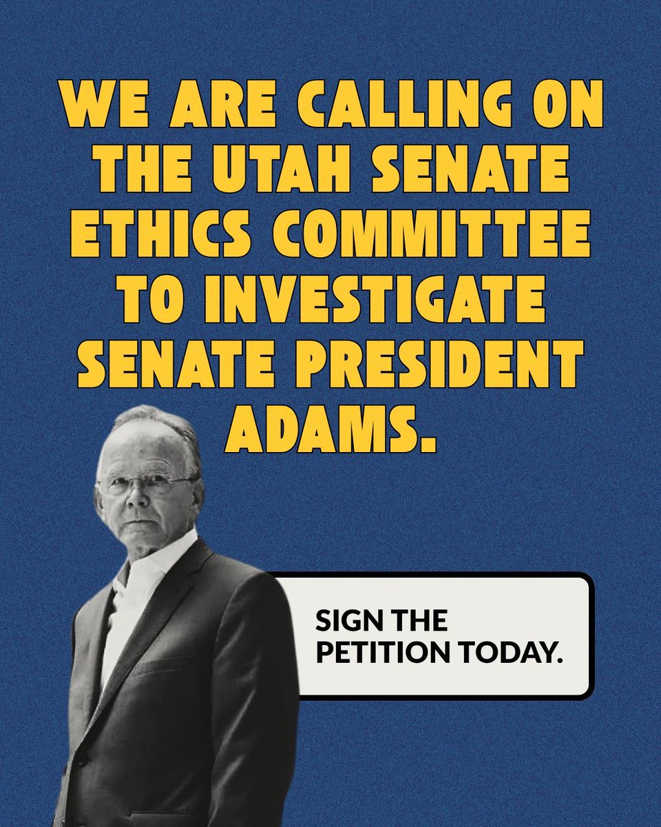 betterutah's tweet photo. Join us in calling for transparency and accountability in our state government, and asking for the Senate Ethics Committee to investigate President Adams. 

Link: https://t.co/J8sS05SZIg https://t.co/sGtV4r0fDB