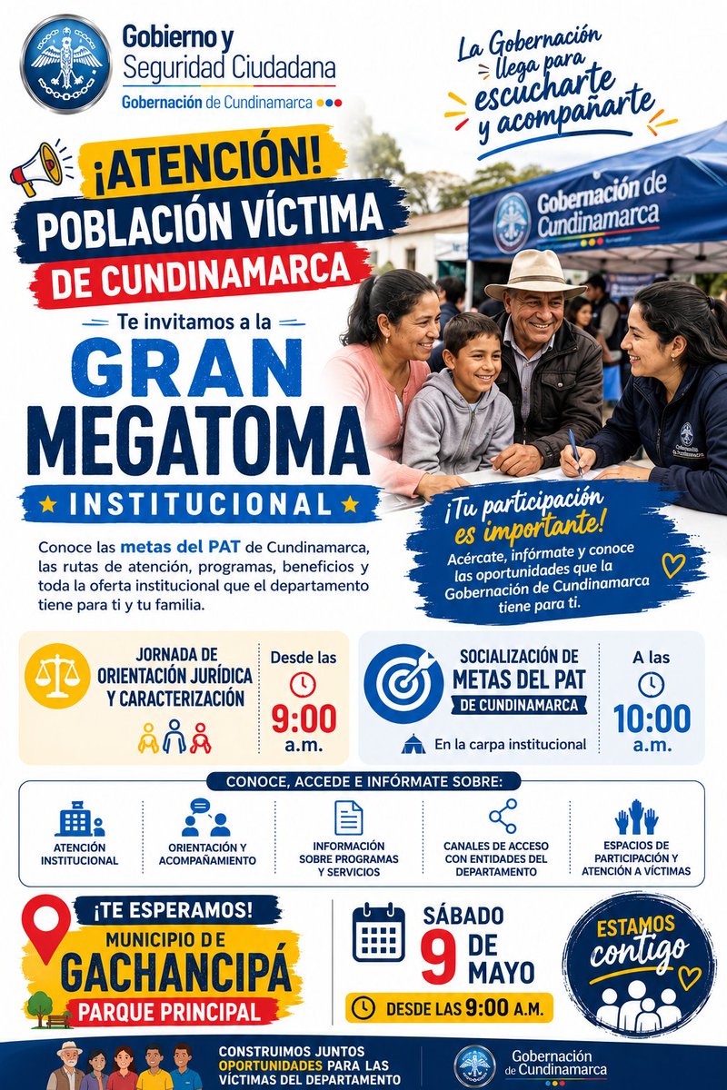 ¡Gachancipá nos une!  

La Gobernación de Cundinamarca llega a nuestro municipio para escucharte y acompañarte en la Gran Megatoma Institucional dedicada a la Población Víctima.

Acércate con tu familia y conoce toda la oferta que el departamento tiene para ti: programas,
