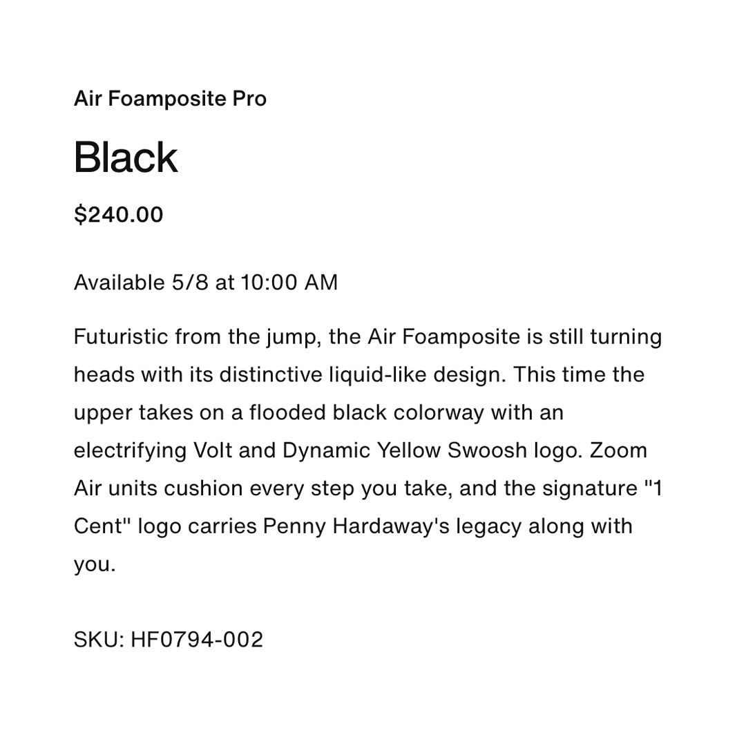 no mention of the fact that this is an original colorway from 1997 returning for the first time ever, but a mention of penny's 1 cent logo which is notably not present on the foamposite pro...