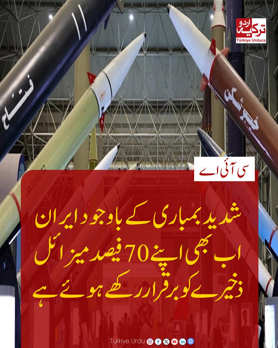 TurkiyeUrdu_'s tweet photo. امریکی انٹیلیجنس ایجنسی سی آئی اے کی ایک خفیہ رپورٹ میں انکشاف کیا  گیا ہے کہ شدید بمباری کے باوجود ایران اب بھی اپنے تقریباً 75 فیصد موبائل  میزائل لانچرز اور 70 فیصد میزائل ذخیرے کو برقرار رکھے ہوئے ہے۔
رپورٹ  میں کہا گیا ہے کہ ایران امریکی بحری ناکہ بندی کو کم از کم 3 سے 4  ماہ  تک برداشت کر سکتا ہے، اس کے بعد ہی اسے شدید معاشی دباؤ کا سامنا کرنا پڑے گا۔
رپورٹ میں بتایا گیا ہے کہ ایرانی حکومت نے اپنی زیرِ زمین  میزائل سائٹس کو دوبارہ فعال کر لیا ہے، تباہ شدہ میزائلوں کی مرمت کی ہے  اور نئے میزائل بھی تیار کیے ہیں۔