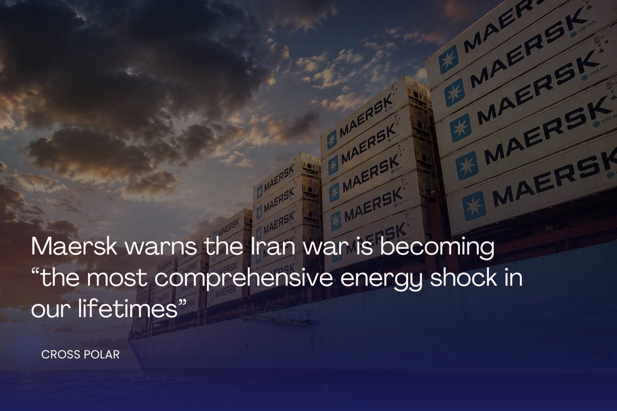 cross_polar's tweet photo. #Maersk, the world’s second-largest shipping company says the Iran war is now costing it an extra $500 million every single month and those costs are being passed directly onto the global economy.

Maersk CEO Vincent Clerc says soaring fuel prices and disruptions around the Strait of Hormuz are dramatically increasing shipping costs as the war destabilizes one of the most critical arteries in global trade.

#Iran #Maersk #GeoEconomics #Geopolitics