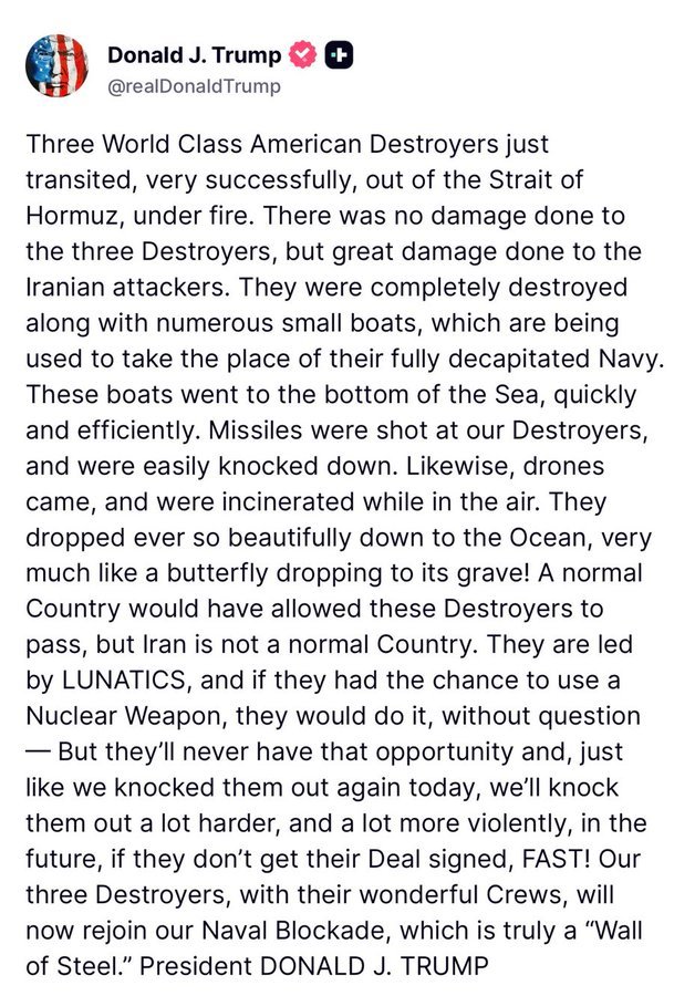 Washington_Rep's tweet photo. BREAKING: Trump says three U.S. Navy destroyers successfully passed through the Strait of Hormuz under fire, with no damage reported. https://t.co/o9iUnOxG8y