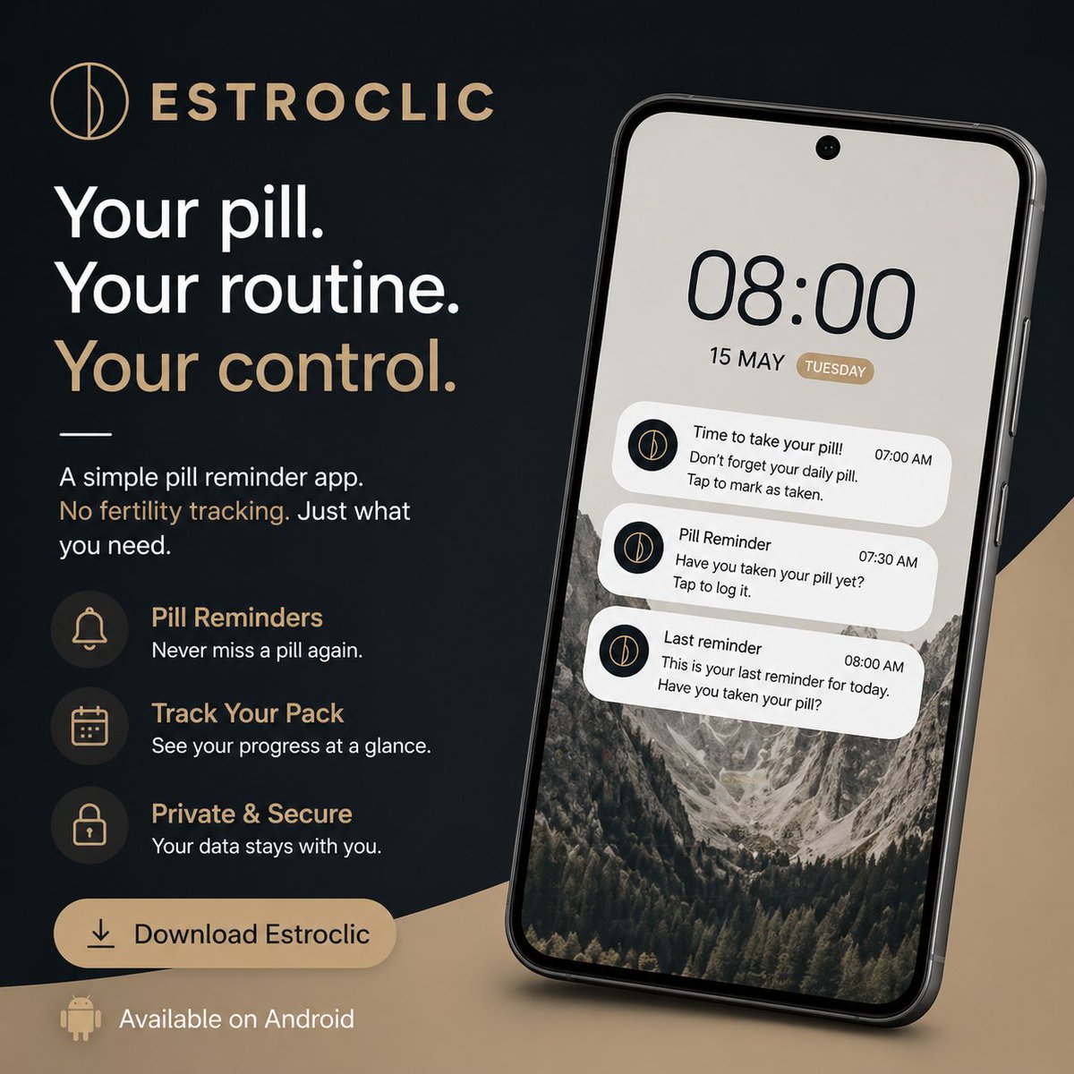 oumaimas97's tweet photo. I got tired of Flo assuming I wanted a baby. So I built my own pill tracker. No fertility tracking. No ovulation predictions. Just your pill. It's called Estroclic and it's on Android. 
https://t.co/ZwOlX7eXZG https://t.co/xcf4MI9vIv