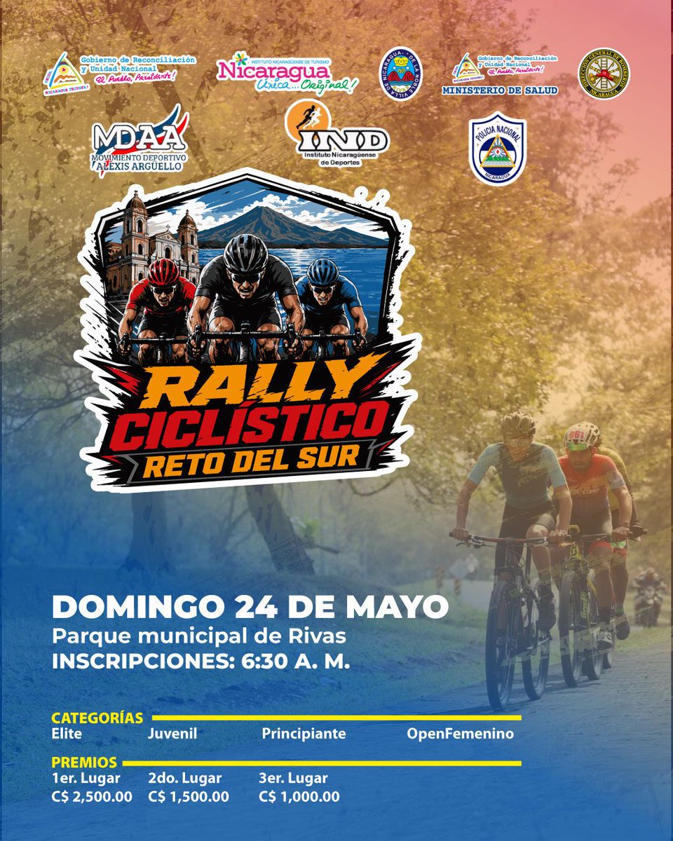 InturRivas's tweet photo. El Rally Ciclístico Reto del Sur te espera para vivir una experiencia llena de velocidad, energía y pasión por el ciclismo.

📞 Inscripciones y más información: 8739 5500

#NicaraguaFascinanteIrresistible 
#NicaraguaÚnicaOriginal https://t.co/xm3bt7TEka