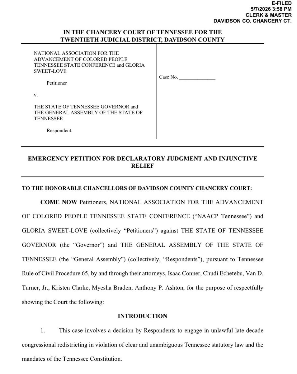PollTracker2024's tweet photo. NAACP files lawsuit against Tennessee’s newly enacted 9R-0D congressional map in state court: https://t.co/s6NrtPJaNO