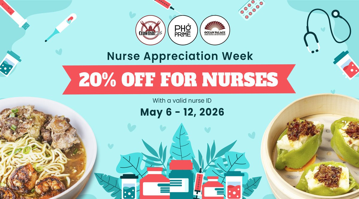 CrawfishCafe's tweet photo. 🩺💙 Happy Nurses Week!

Enjoy 20% OFF from May 6th – May 12th under all 3 Mamba concepts! 🍜🦞🥟

Thank you for all that you do — we appreciate you! 🙌✨

See you soon! 💫 https://t.co/qVC9JNPkmD