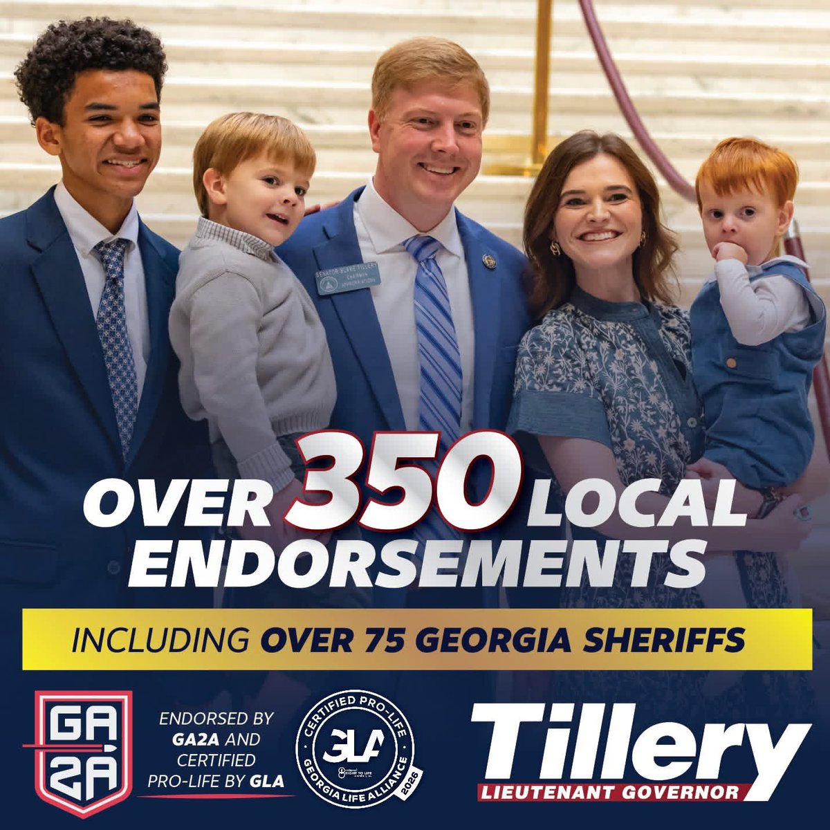 BlakeTillery's tweet photo. Our campaign’s momentum has been built on the support of over 350 local leaders from every corner of Georgia, including more than 75 sheriffs who trust me to stand with law enforcement and keep our communities safe.

I’m also proud to be endorsed by GA2A  and certified pro-life by Georgia Life Alliance because I have a proven record of fighting for our values, not just talking about them.

As Lieutenant Governor, I will eliminate the state income tax, deliver real property tax relief, defend our constitutional rights, and always put Georgians first.

Early voting is underway, and the Republican Primary is May 19th. If you want a true conservative for Lieutenant Governor, I’m asking for your vote.
