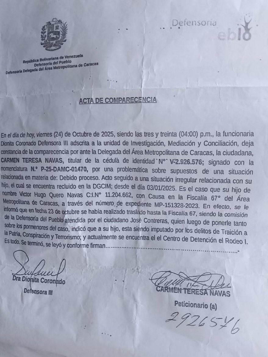Ulul4r's tweet photo. SON UNOS ASESINOS 

ES UNA DESAPARICIÓN FORZADA 

En octubre del año pasado, la Defensoría del Pueblo, en coordinación con el fiscal Tarek William Saab, informó a Carmen Navas que su hijo, Víctor Quero, se encontraba detenido en el Rodeo I después de haber sido desaparecido en enero de 2025 por el régimen.

Para entonces, Quiero ya llevaba tres meses asesinado.