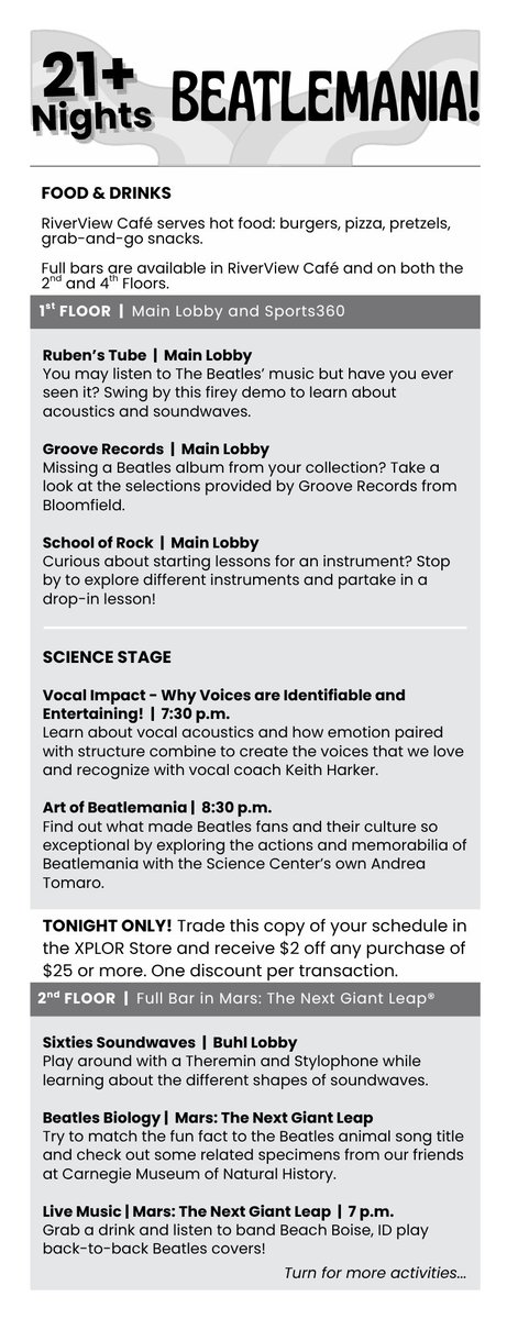 KaminScienceCtr's tweet photo. Here comes Beatlemania to the Science Center tomorrow night, Fri., May 8! 🌞 Your ticket to ride includes exploring The Beatles' hits through a live band, science, a laser show, and much more.

Don't let it be, buy tickets now to 21+ Night: Beatlemania! https://t.co/JX9soM3HFi https://t.co/oDXJjcxNTY